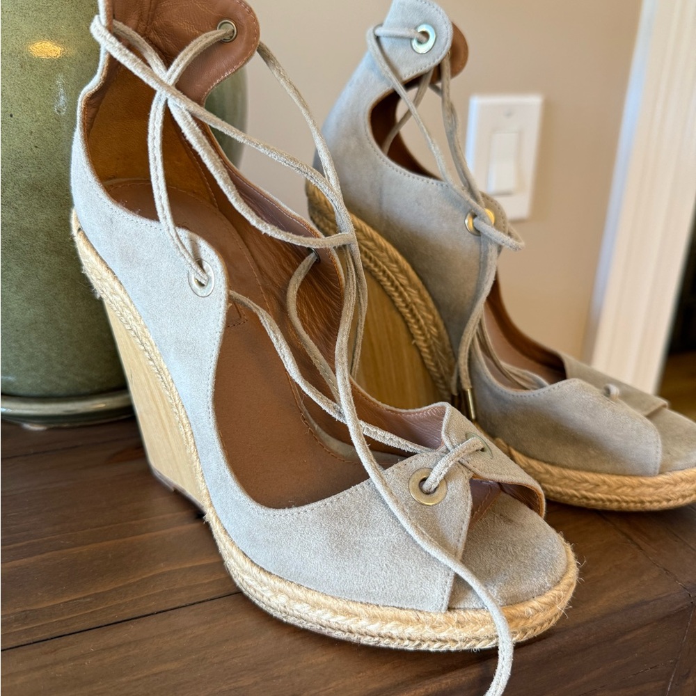 Aquazzura Taupe Suede Espadrille Lace Up Gladiator Wedge Sandals size 36